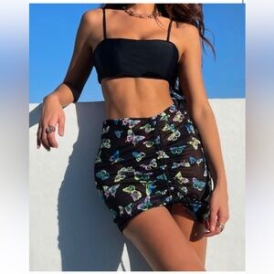 Black mesh butterfly cover up 3 piece bikini vacation beach swimsuit set sz M